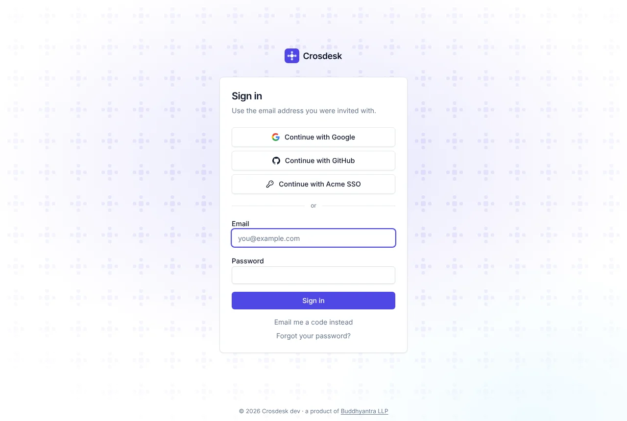 The Crosdesk sign-in page with Continue with Google, Continue with GitHub and Continue with Acme SSO above the email and password form
